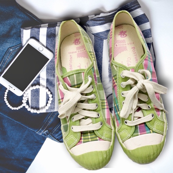 PF FLYER Shoes - Cute Colorful Bright Plaid Sneakers Green & Pink